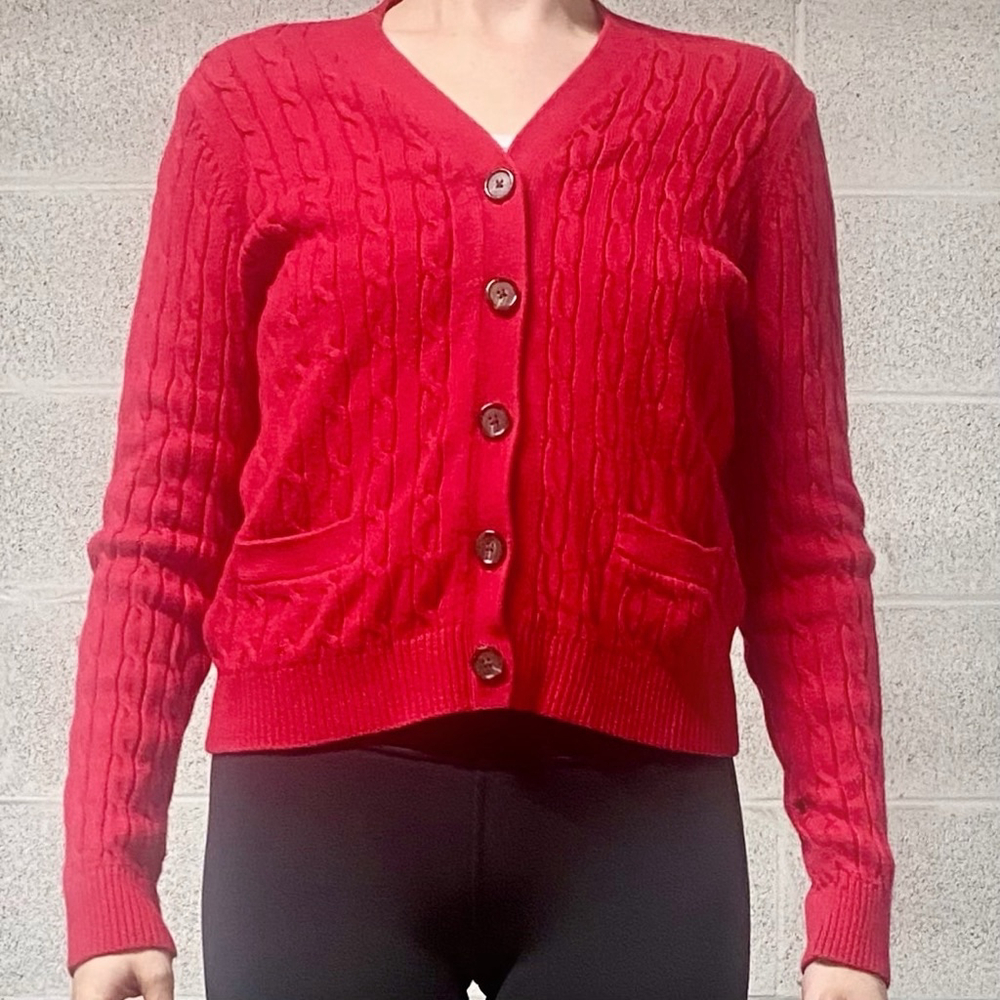 Red Cable Knit Lands’ End Cardigan